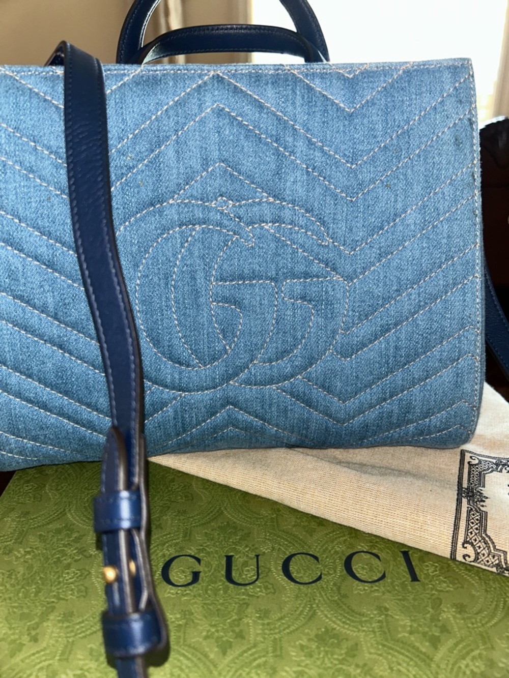 Gucci Light Blue Denim Top Handle Satchel with Pearl GG - Picture 5 of 8